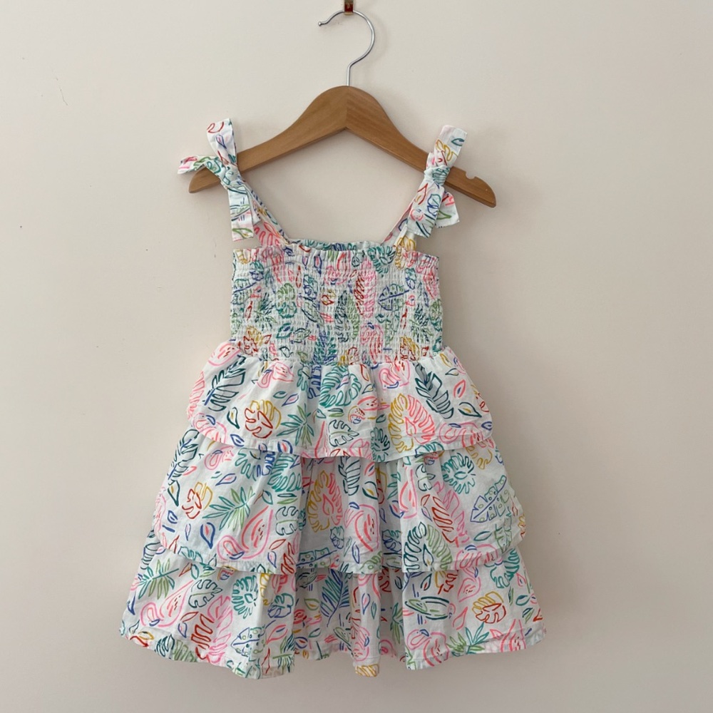 Andy & Evan White Tiered Sundress with Pink, Blue & Green Leaf Print